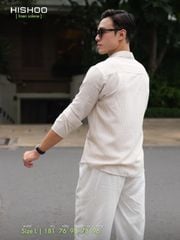 Áo Sơ Mi Trắng Sọc Nâu Nút Gỗ Tay Dài Nam Relax Form Rộng, Cổ Thường, Lai Ngang Linen Solene Vải Mềm Mát HISHOO A2T003