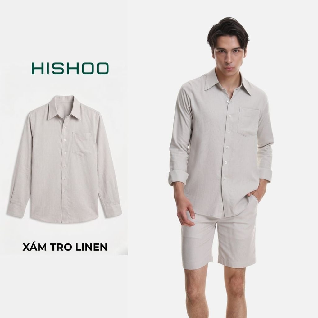 Áo Sơ Mi Nam Tay Dài Relax Form Rộng, Cổ Thường, Lai Ngang Linen Solene Vải Mềm Mát HISHOO A2T003