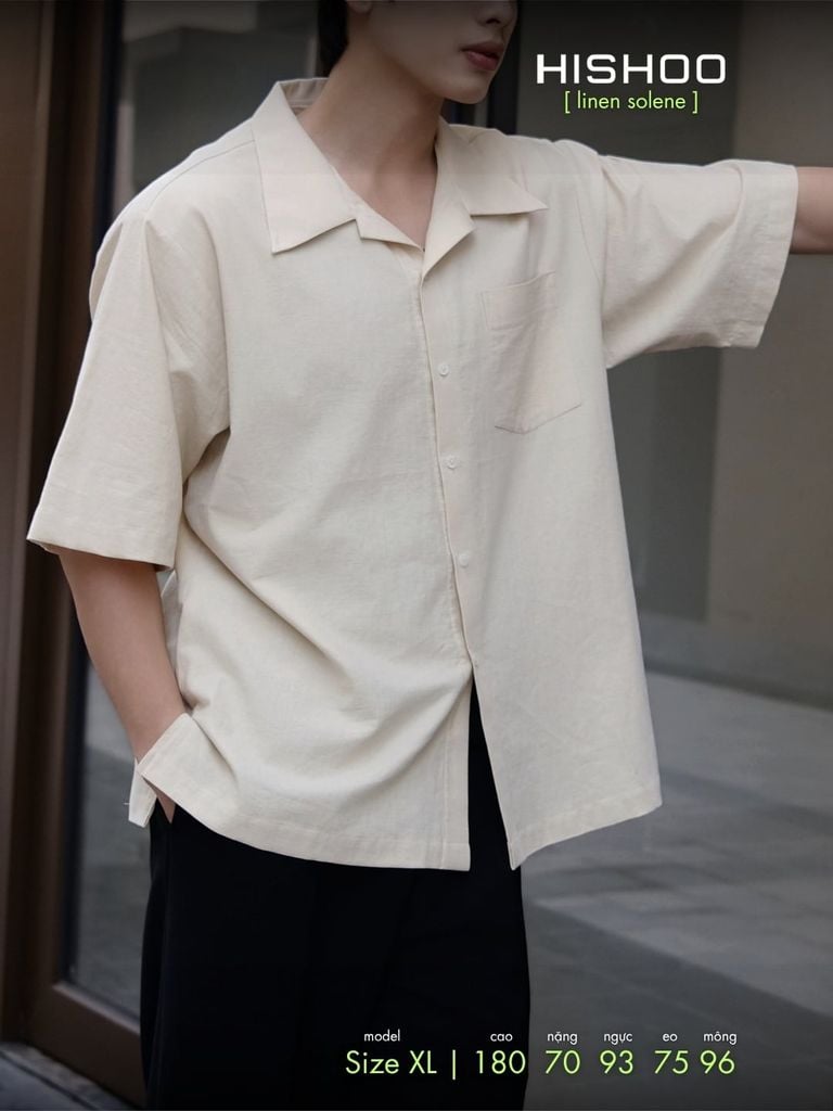 Áo Sơ Mi Nam Relax Form Rộng, Cổ Bác Sĩ, Lai Ngang Linen Solene Vải Mềm Mát HISHOO A1T004
