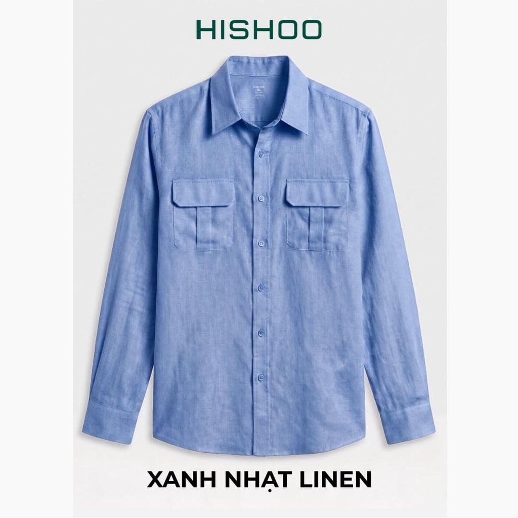 Áo Sơ Mi Nam 2 Túi Tay Dài  Relax Form Rộng, Cổ Thường, Lai Ngang Linen Solene Vải Mềm Mát HISHOO A2T005