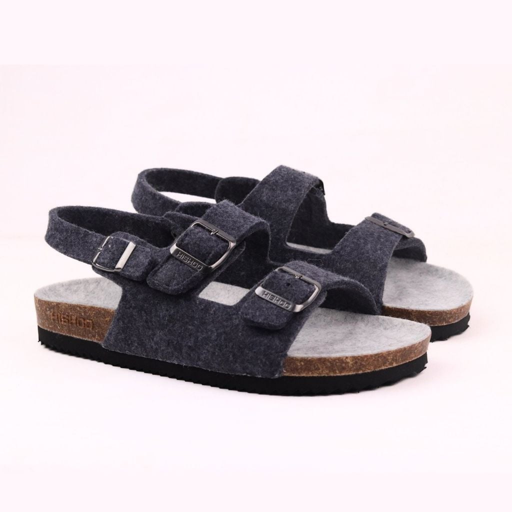 Dép đế trấu sandal birken quai ngang 2 khoá vải dạ Premium HISHOO B102