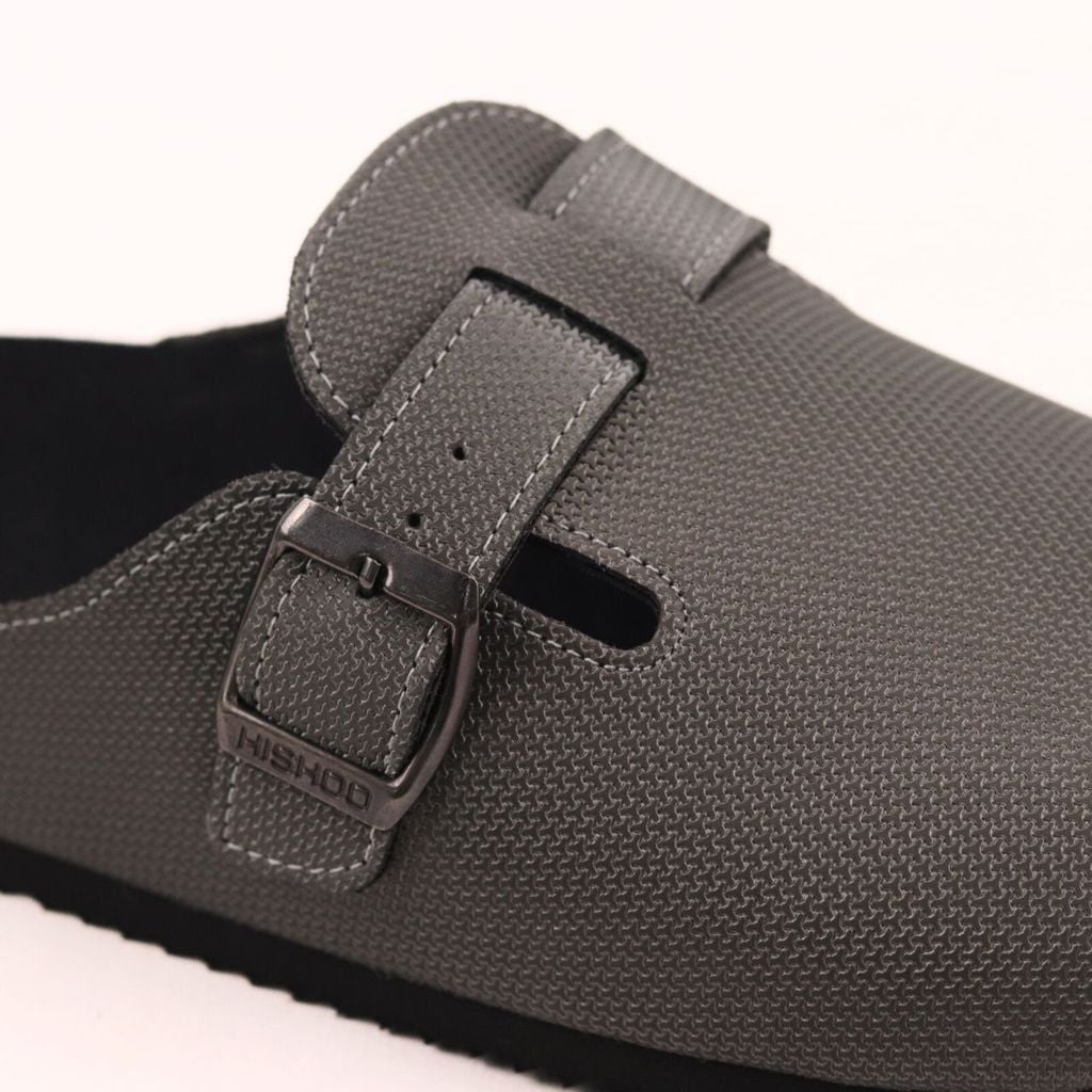 Dép đế trấu sục Boston quai ngang Xám Ghi da saffiano  HISHOO R109