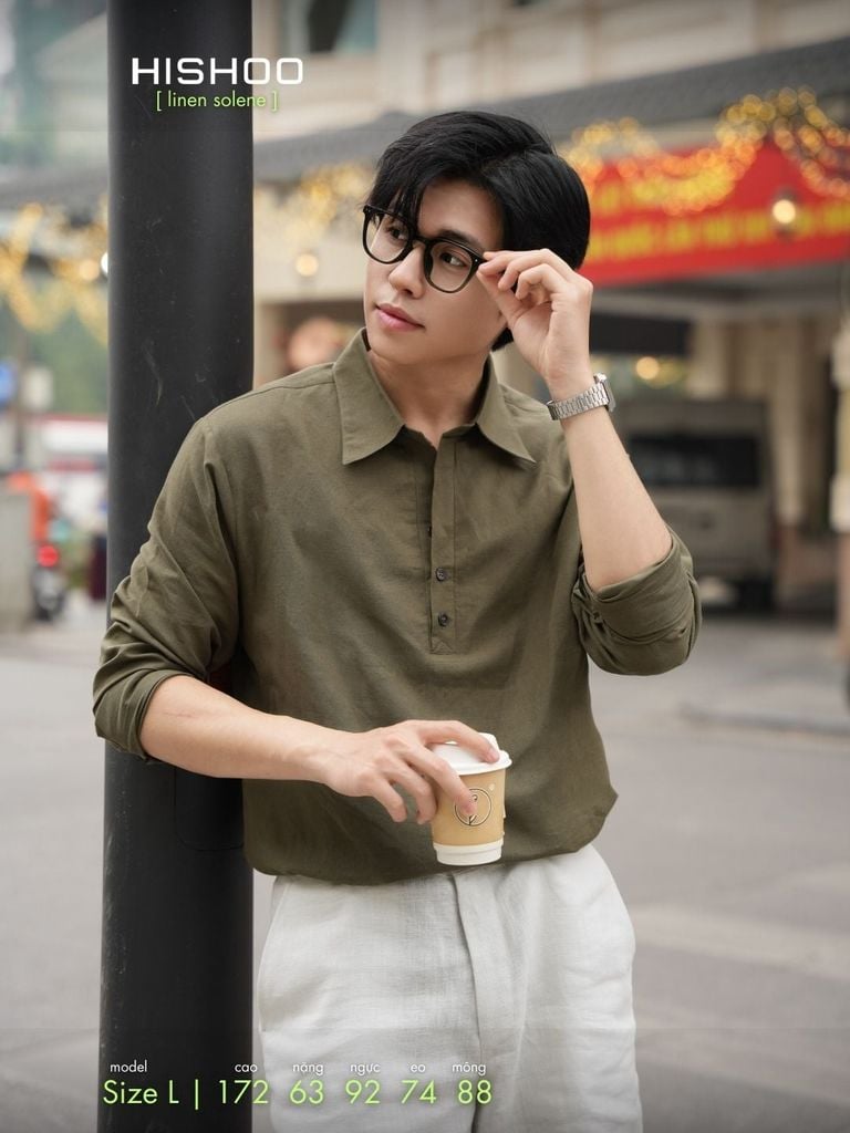 Áo Sơ Mi Nam Rêu Tay Dài Relax Form Rộng, Cổ Polo Sơ Mi, Xẻ V Linen Solene Vải Mềm Mát HISHOO A3T003