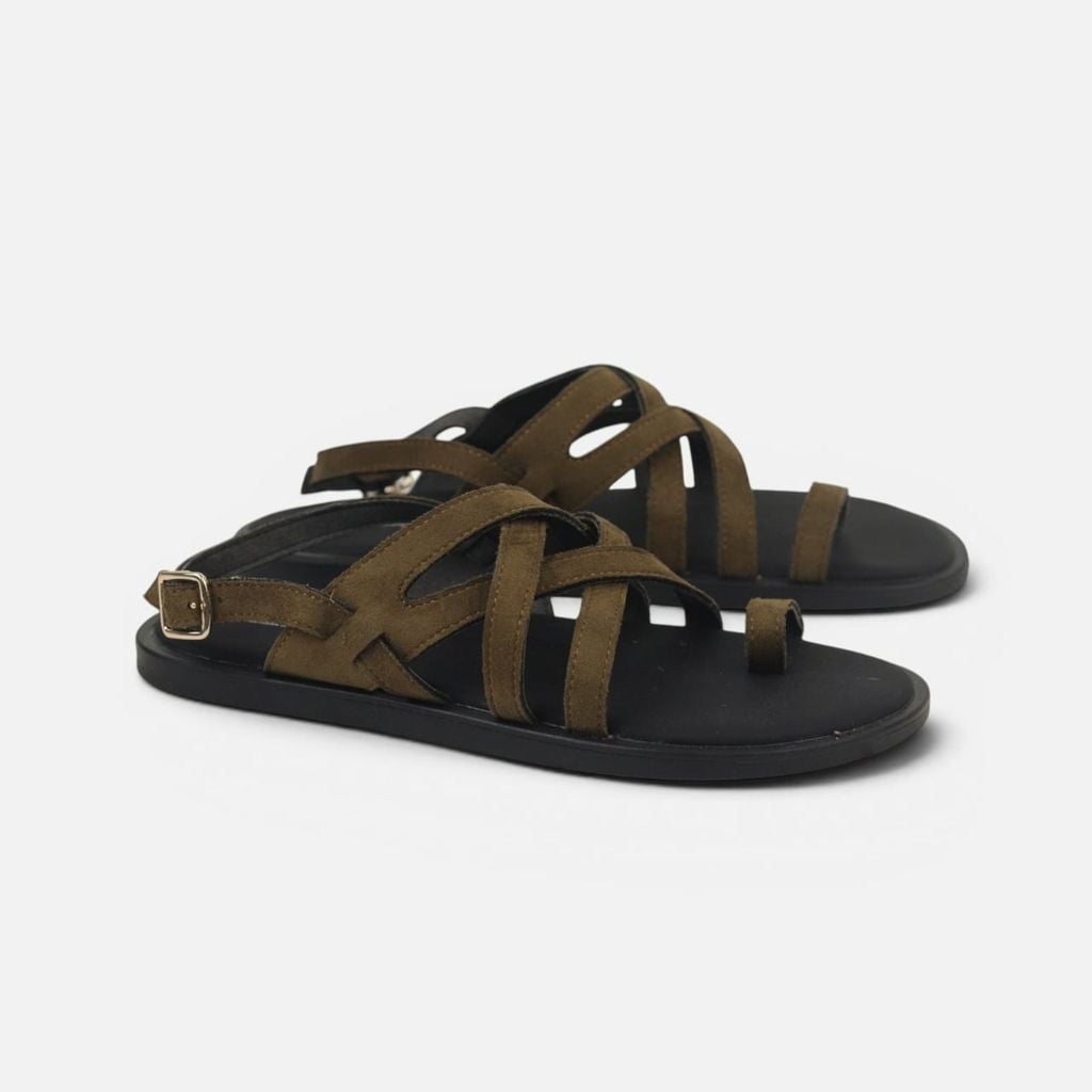 Dép Sandal lê bệt Nam quai ngang chéo xỏ ngón da lộn premium Manto 6 HISHOO K010