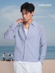 Áo Sơ Mi Trắng Sọc Nâu Nút Gỗ Tay Dài Nam Relax Form Rộng, Cổ Thường, Lai Ngang Linen Solene Vải Mềm Mát HISHOO A2T003