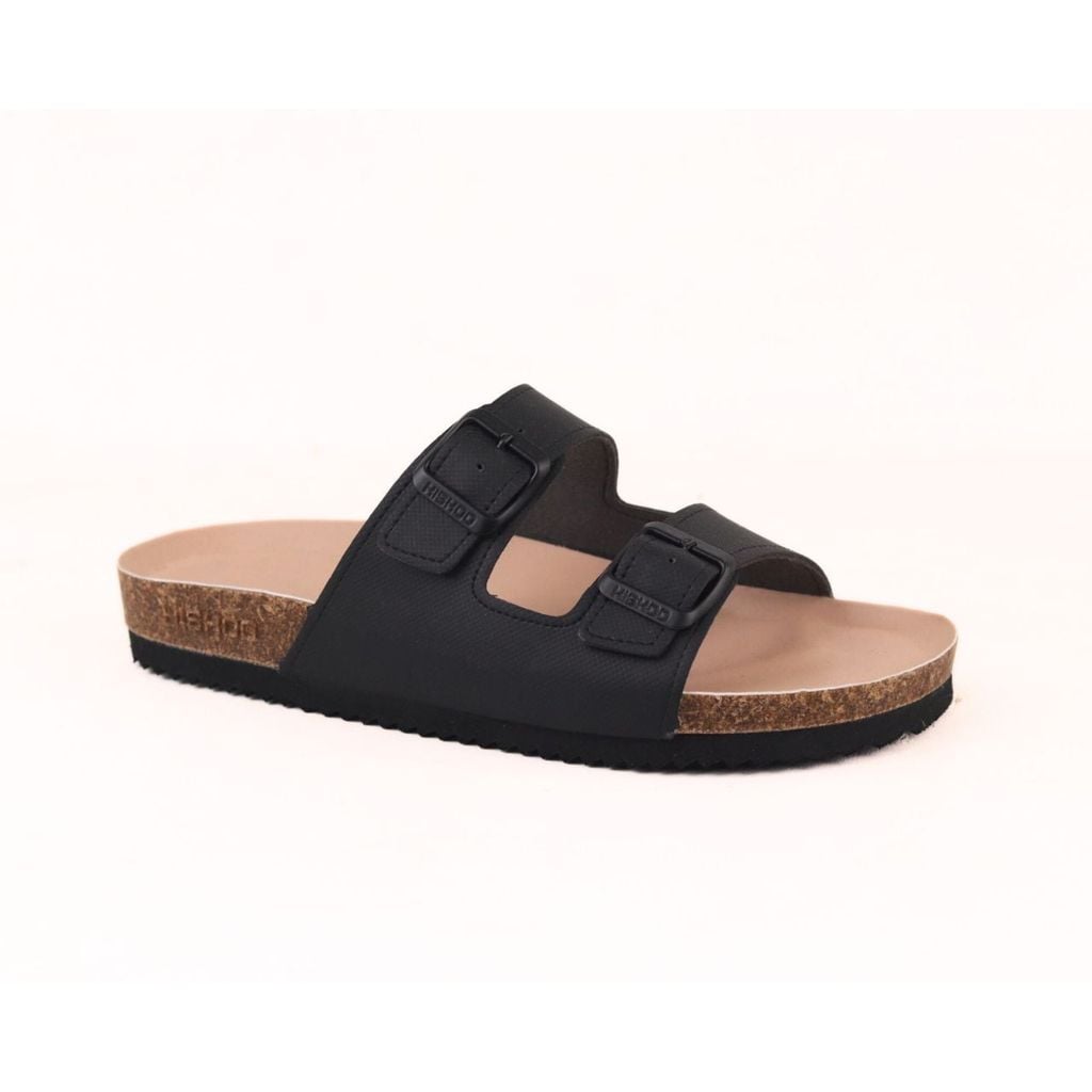 Dép đế trấu birken 2 khoá Đen Saffiano premium HISHOO B093