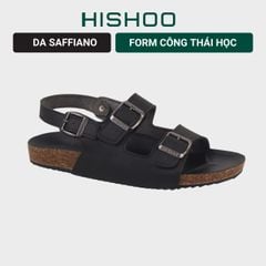 Dép đế trấu Sandal birken quai ngang 2 khoá MẶT ĐEN da SAFFIANO Hishoo M102