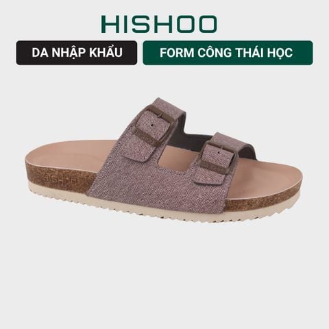 Dép đế trấu birken 2 khóa Nâu Demin Khóa Nâu Premium HISHOO B093