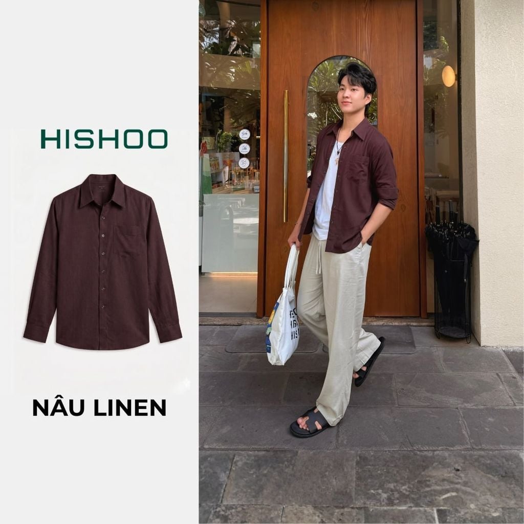 Áo Sơ Mi Nam Tay Dài Relax Form Rộng, Cổ Thường, Lai Ngang Linen Solene Vải Mềm Mát HISHOO A2T003