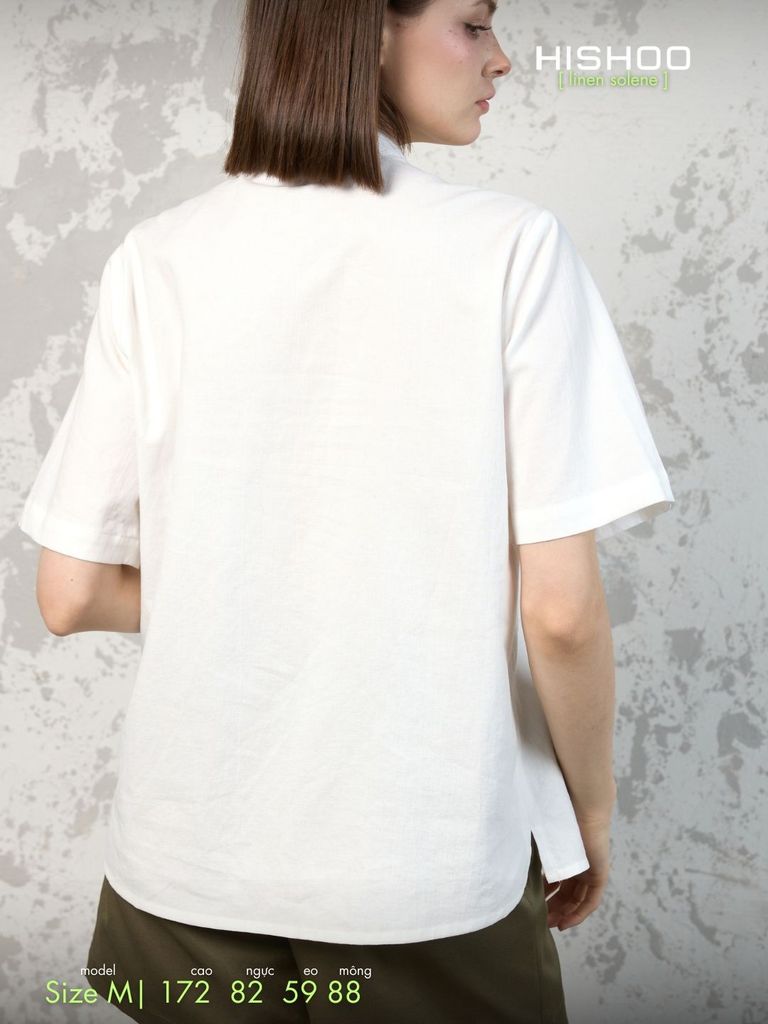 Áo Sơ Mi Nữ Trắng Relax Form Rộng, Cổ Tàu Vuông, Lai Ngang Linen Solene Vải Mềm Mát HISHOO A1G002
