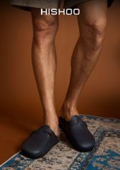 Dép đế trấu sục Boston quai ngang Xanh Dương da saffiano  HISHOO R109