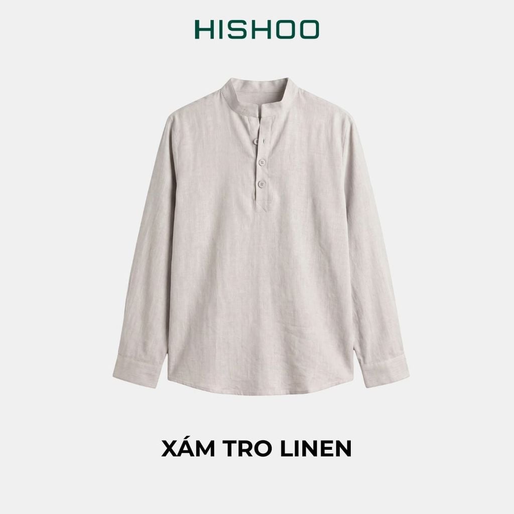 Áo Sơ Mi Nam Tay Dài Relax Form Rộng, Cổ Polo Tàu Vuông, Xẻ V Linen Solene Vải Mềm Mát HISHOO A3T002