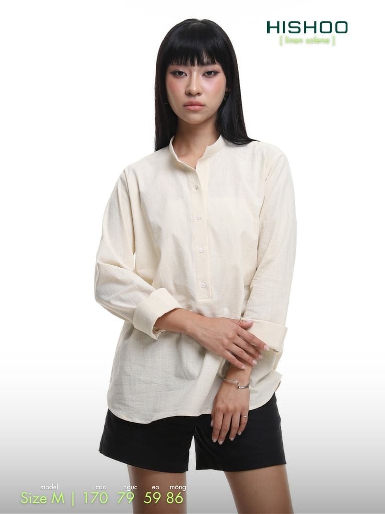 Áo Sơ Mi Kem Nữ Tay Dài Relax Form Rộng, Cổ Polo Tàu Vuông, Xẻ V Linen Solene Vải Mềm Mát HISHOO A3G002