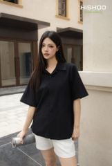 Áo Sơ Mi Nữ Đen Relax Form Rộng, Cổ Danton, Lai Ngang Linen Solene Vải Mềm Mát HISHOO A1G004