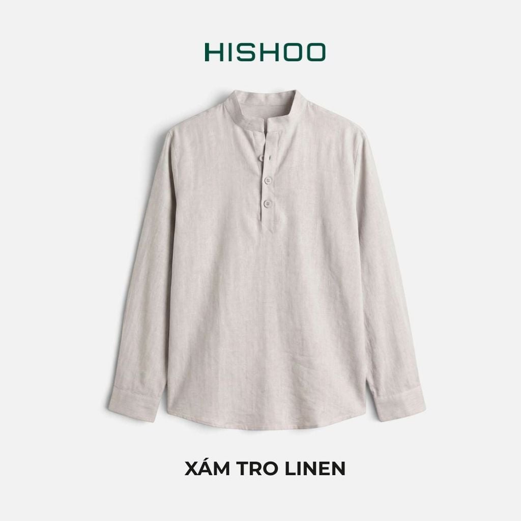 Áo Sơ Mi Nữ Tay Dài Relax Form Rộng, Cổ Polo Tàu Vuông, Xẻ V Linen Solene Vải Mềm Mát HISHOO A3G002