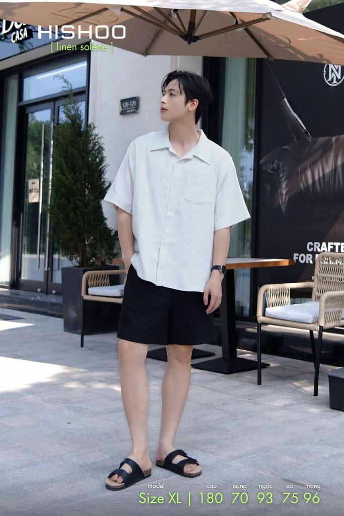 Áo Sơ Mi Nam Xám Tro Relax Form Rộng, Cổ Danton, Lai Ngang Linen Solene Vải Mềm Mát HISHOO A1T004