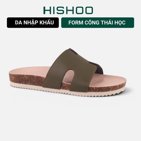 Dép đế trấu birken Xanh Olive  chữ H premium HISHOO B095