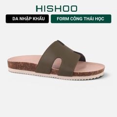 Dép đế trấu birken Xanh Olive  chữ H premium HISHOO B095