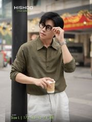 Áo Sơ Mi Nam Tay Dài Relax Form Rộng, Cổ Polo Sơ Mi, Xẻ V Linen Solene Vải Mềm Mát HISHOO A3T003