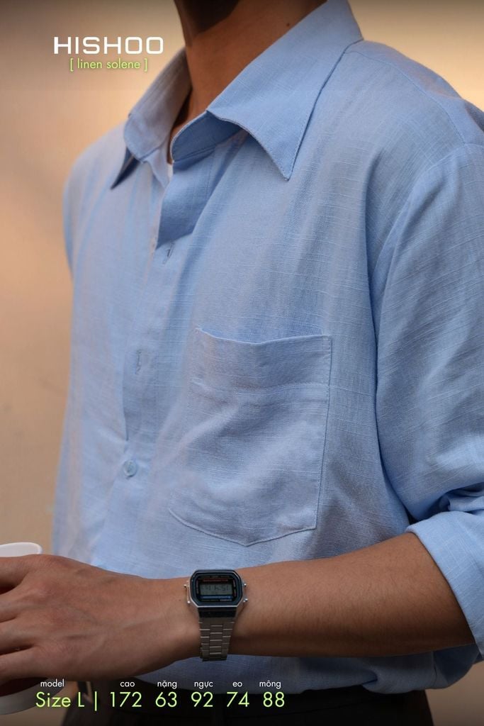 Áo Sơ Mi Nam Tay Dài Relax Form Rộng, Cổ Thường, Lai Ngang Linen Solene Vải Mềm Mát HISHOO A2T003