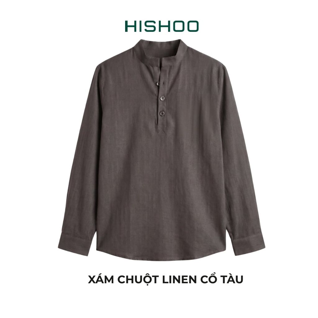 Áo Sơ Mi Nữ Tay Dài Relax Form Rộng, Cổ Polo Tàu Vuông, Xẻ V Linen Solene Vải Mềm Mát HISHOO A3G002