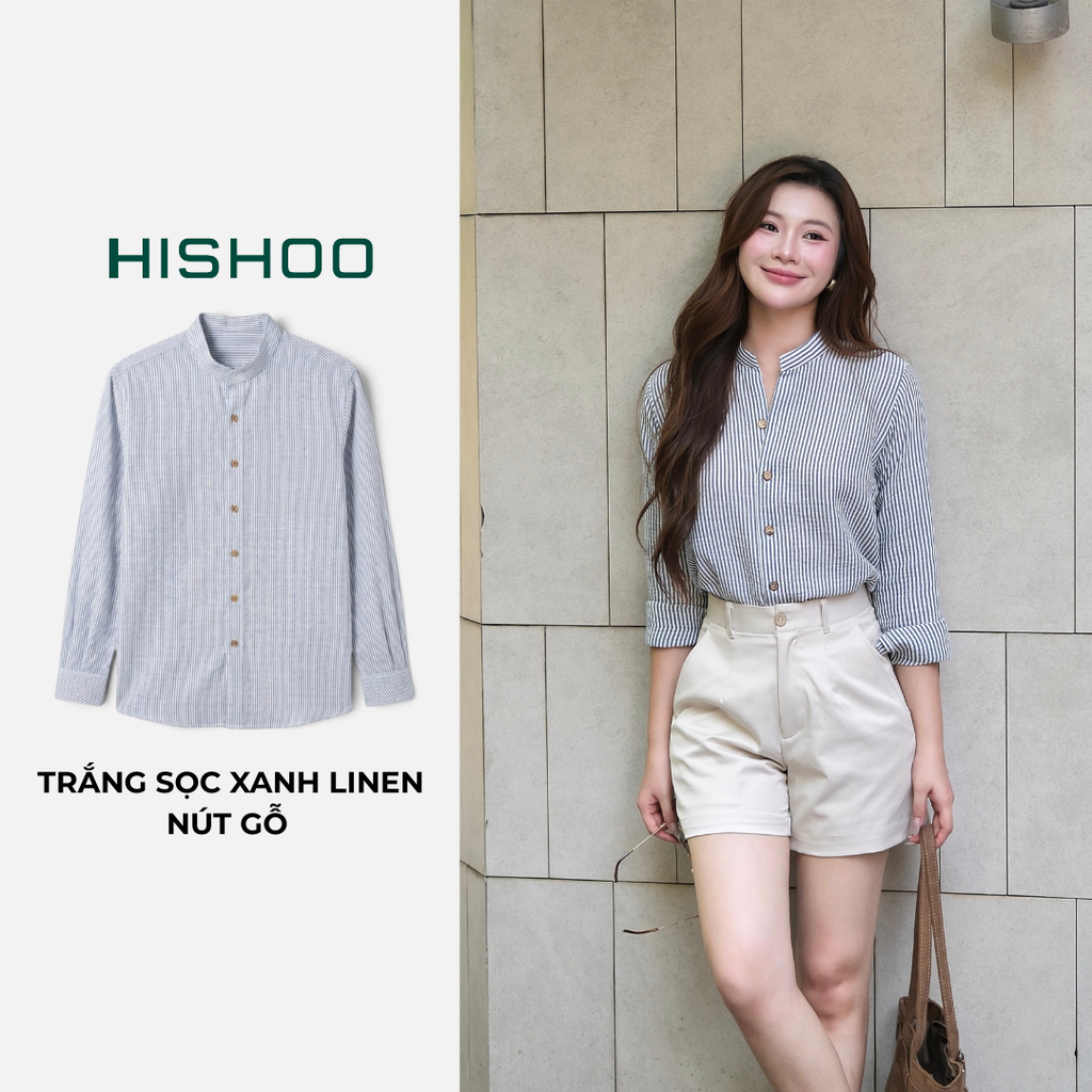 Áo Sọc Sơ Mi Nút Gỗ Tay Dài Nữ Relax Form Rộng, Cổ Tàu Vuông, Lai Ngang Linen Solene Vải Mềm Mát HISHOO A2G002