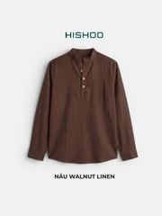 Áo Sơ Mi Nữ Nút Gỗ Tay Dài Relax Form Rộng, Cổ Polo Tàu Vuông, Xẻ V Linen Solene Vải Mềm Mát HISHOO A3G002