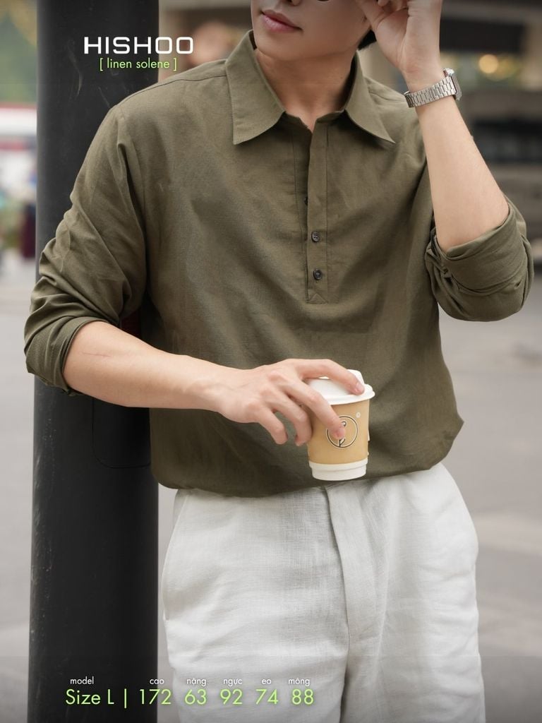 Áo Sơ Mi Nam Tay Dài Relax Form Rộng, Cổ Polo Sơ Mi, Xẻ V Linen Solene Vải Mềm Mát HISHOO A3T003