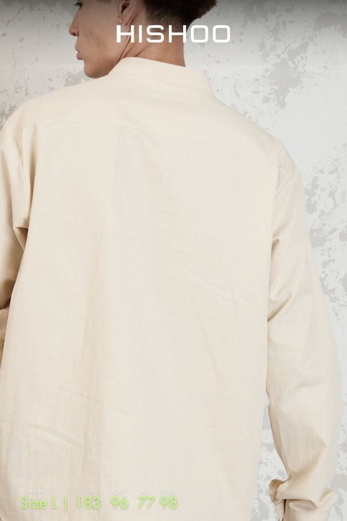 Áo Sơ Mi Nam Kem Tay Dài Relax Form Rộng, Cổ Polo Tàu Vuông, Xẻ V Linen Solene Vải Mềm Mát HISHOO A3T002
