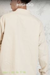 Áo Sơ Mi Nam Kem Tay Dài Relax Form Rộng, Cổ Polo Tàu Vuông, Xẻ V Linen Solene Vải Mềm Mát HISHOO A3T002