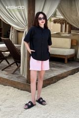 Áo Sơ Mi Nữ Relax Form Rộng, Cổ Tàu Vuông, Lai Ngang Linen Solene Vải Mềm Mát HISHOO A1G002