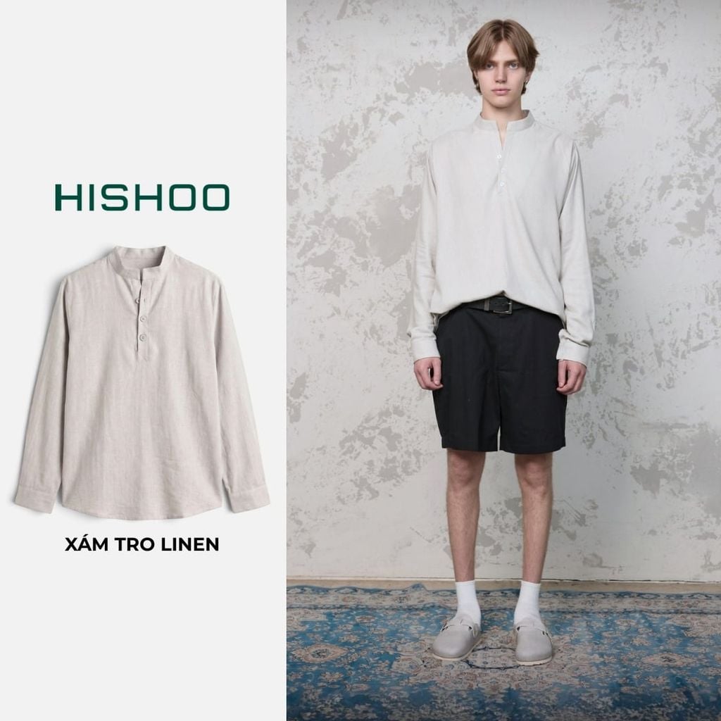 Áo Sơ Mi Nam Tay Dài Relax Form Rộng, Cổ Polo Tàu Vuông, Xẻ V Linen Solene Vải Mềm Mát HISHOO A3T002