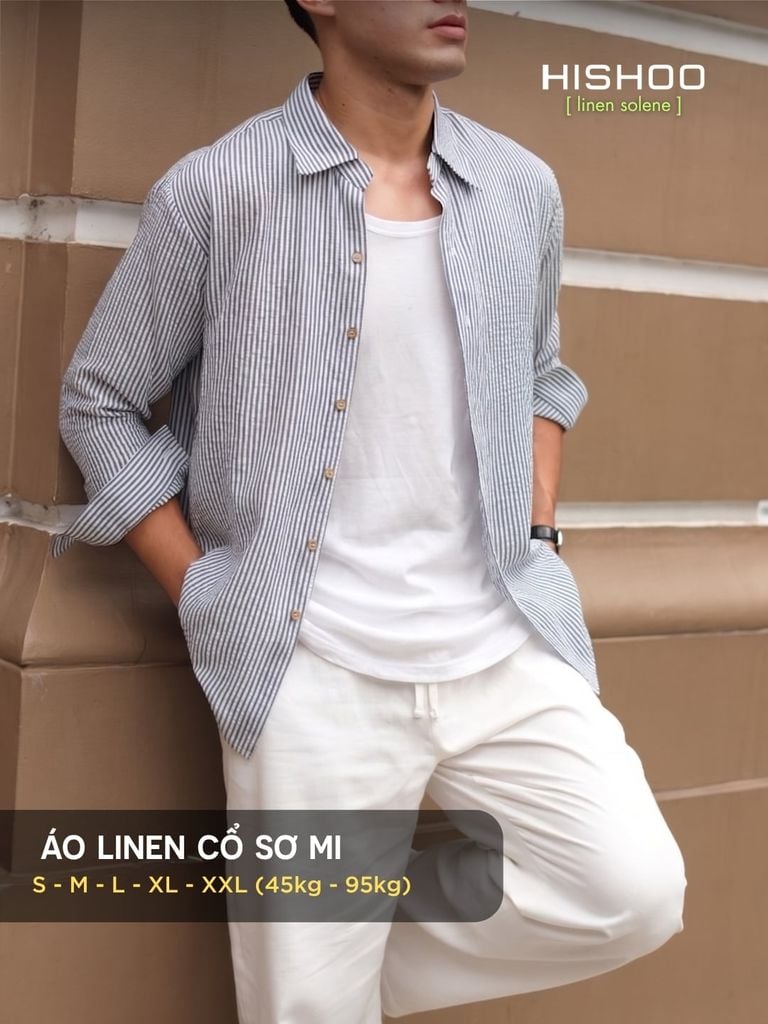 Áo Sơ Mi Trắng Sọc Xanh Nút Gỗ Tay Dài Nam Relax Form Rộng, Cổ Thường, Lai Ngang Linen Solene Vải Mềm Mát HISHOO A2T003