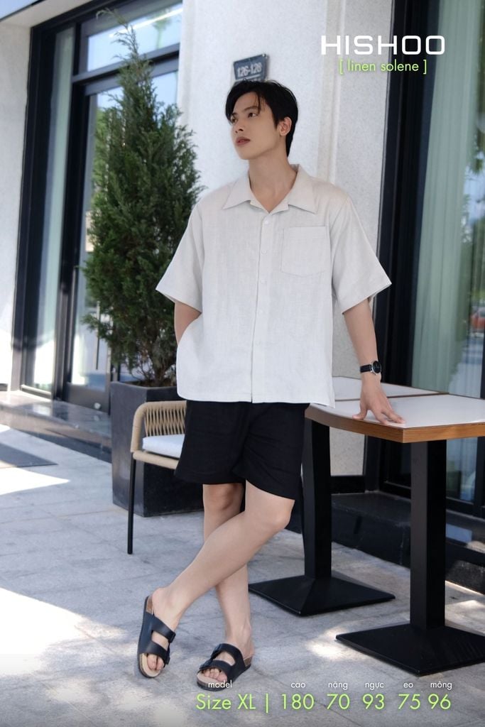 Áo Sơ Mi Nam Xám Tro Relax Form Rộng, Cổ Danton, Lai Ngang Linen Solene Vải Mềm Mát HISHOO A1T004