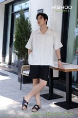 Áo Sơ Mi Nam Xám Tro Relax Form Rộng, Cổ Danton, Lai Ngang Linen Solene Vải Mềm Mát HISHOO A1T004