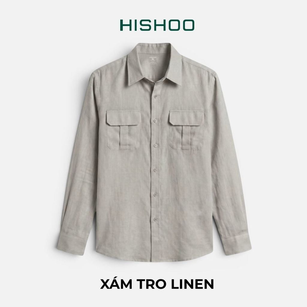 Áo Sơ Mi Nam 2 Túi Tay Dài  Relax Form Rộng, Cổ Thường, Lai Ngang Linen Solene Vải Mềm Mát HISHOO A2T005