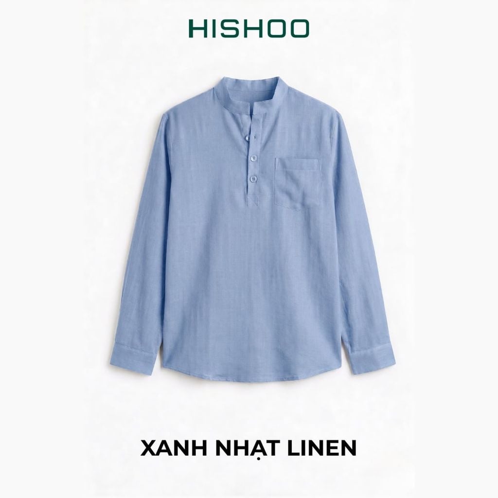 Áo Sơ Mi Nam Tay Dài Relax Form Rộng, Cổ Polo Tàu Vuông, Xẻ V Linen Solene Vải Mềm Mát HISHOO A3T002