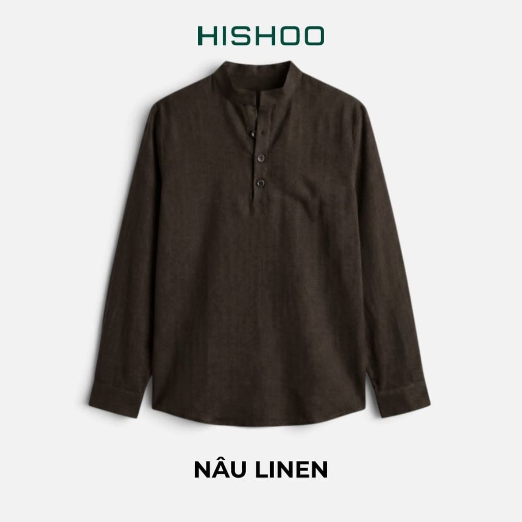 Áo Sơ Mi Nam Tay Dài Relax Form Rộng, Cổ Polo Tàu Vuông, Xẻ V Linen Solene Vải Mềm Mát HISHOO A3T002