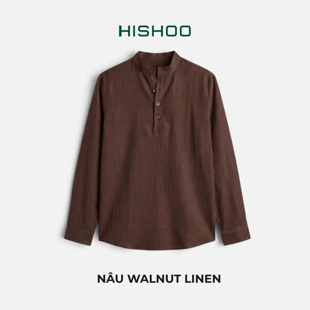 Áo Sơ Mi Nữ Tay Dài Relax Form Rộng, Cổ Polo Tàu Vuông, Xẻ V Linen Solene Vải Mềm Mát HISHOO A3G002