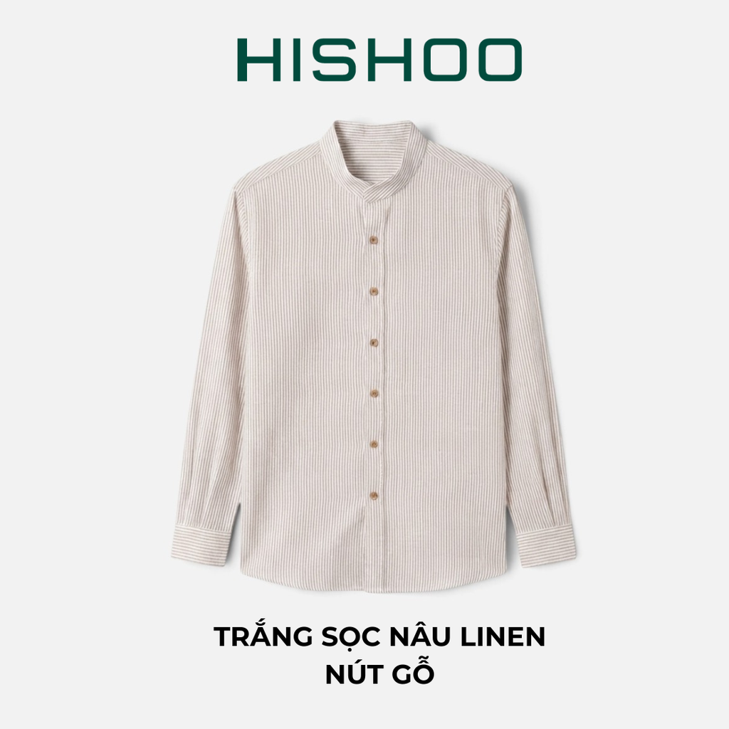 Áo Sọc Sơ Mi Nút Gỗ Tay Dài Nữ Relax Form Rộng, Cổ Tàu Vuông, Lai Ngang Linen Solene Vải Mềm Mát HISHOO A2G002