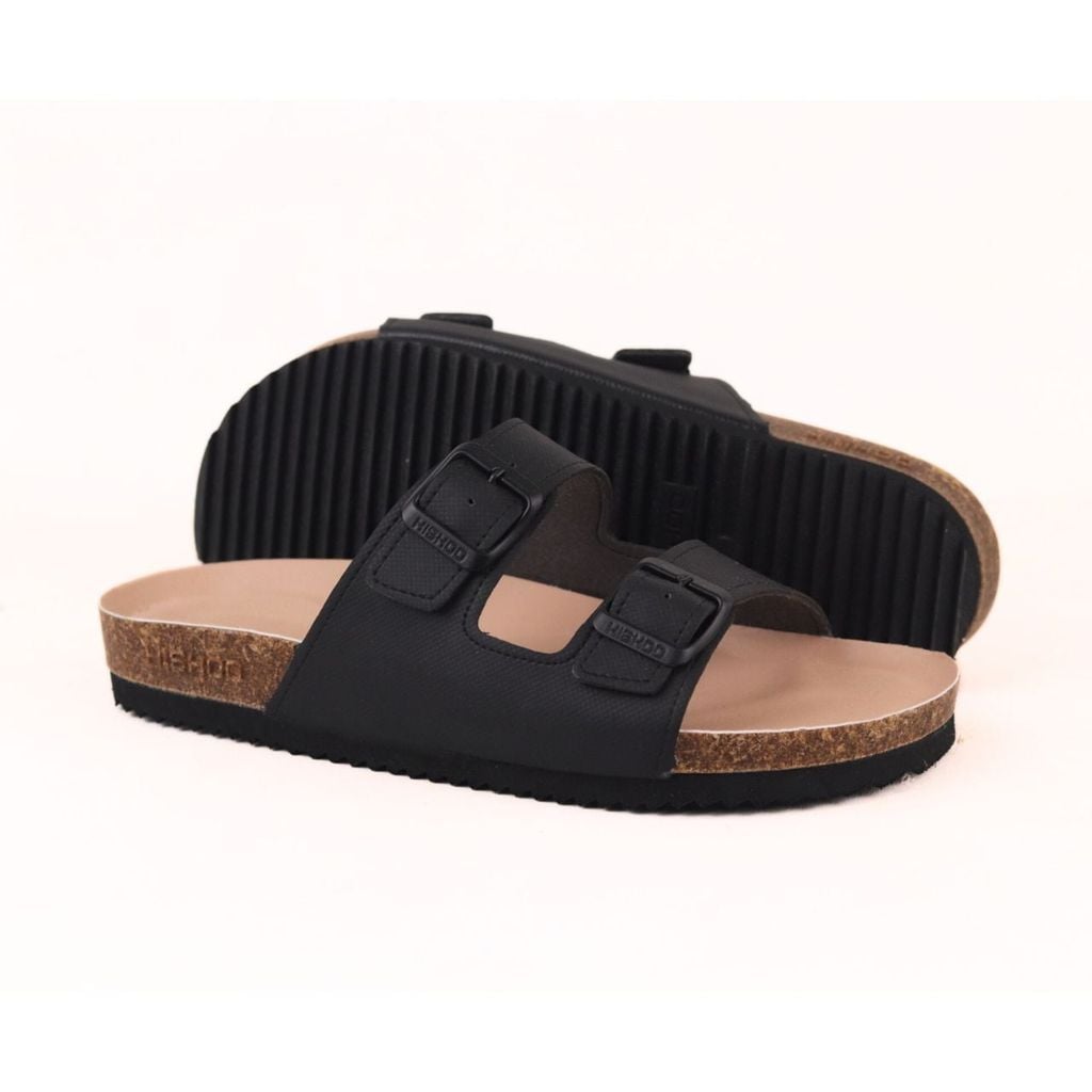 Dép đế trấu birken 2 khoá Đen Saffiano premium HISHOO B093