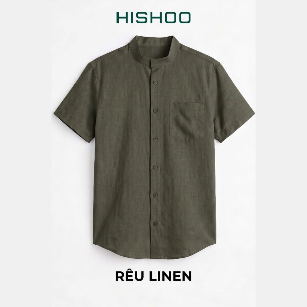 Áo Sơ Mi Nam Relax Form Rộng, Cổ Tàu Vuông, Lai Ngang Linen Solene Vải Mềm Mát HISHOO A1T002