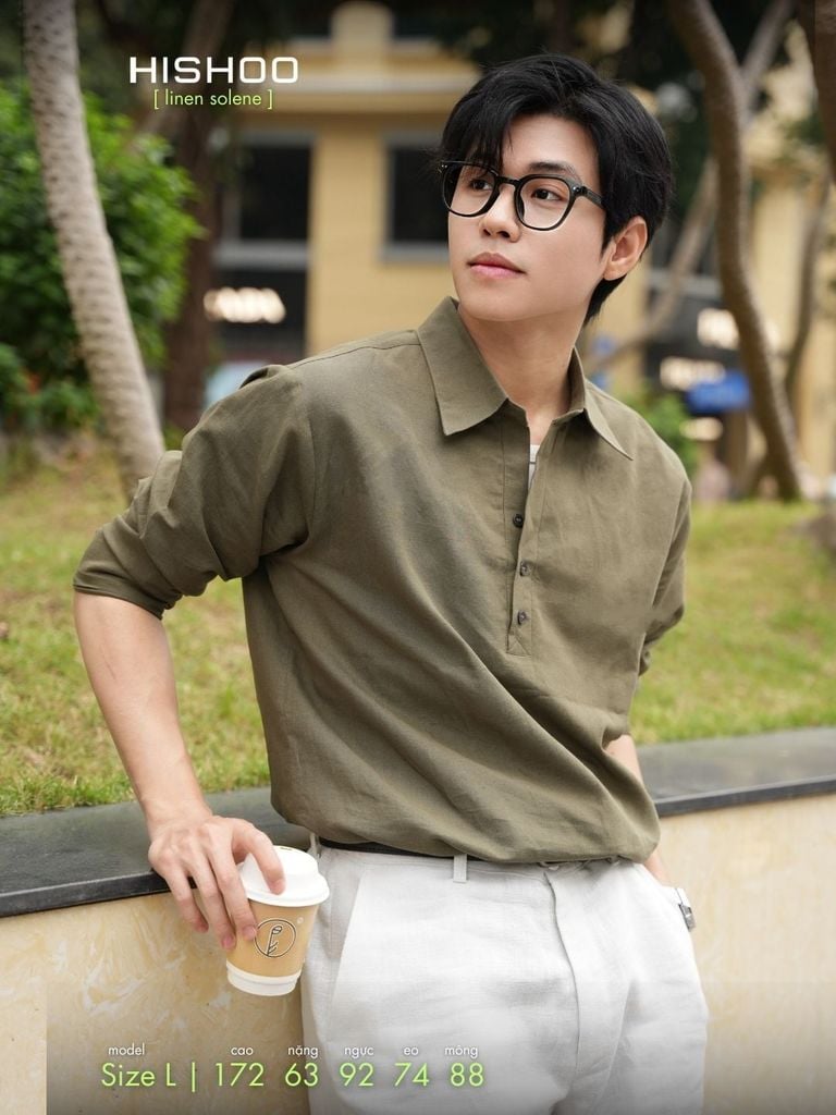 Áo Sơ Mi Nam Tay Dài Relax Form Rộng, Cổ Polo Sơ Mi, Xẻ V Linen Solene Vải Mềm Mát HISHOO A3T003