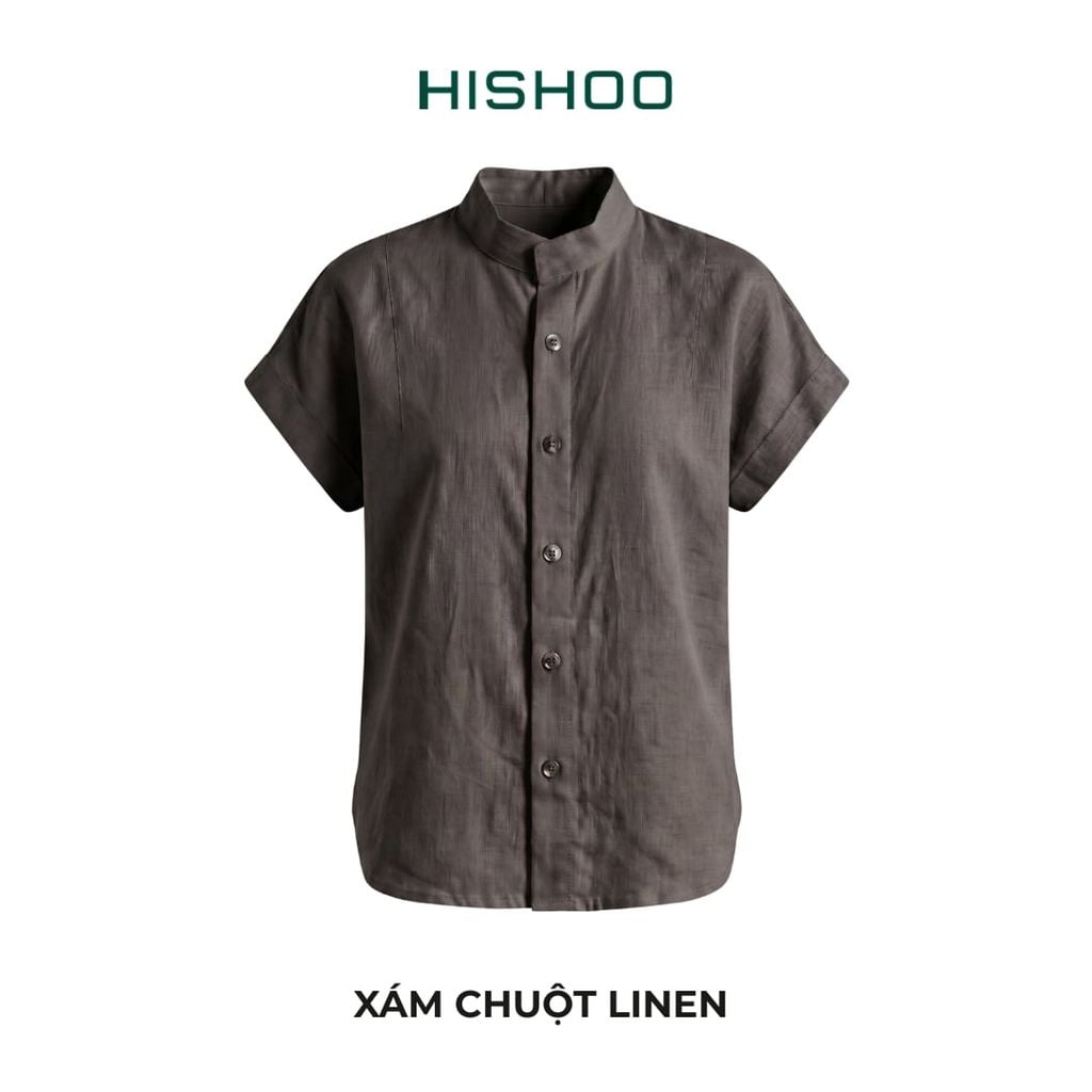 Áo Sơ Mi Nữ Tay Ngắn Relax Form Rộng, Cổ Tàu Vuông, Linen Solene Vải Mềm Mát HISHOO A4G002