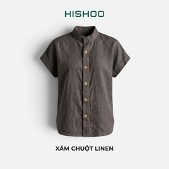 Áo Sơ Mi Nữ Nút Gỗ Tay Ngắn Relax Form Rộng, Cổ Tàu Vuông, Linen Solene Vải Mềm Mát HISHOO A4G002