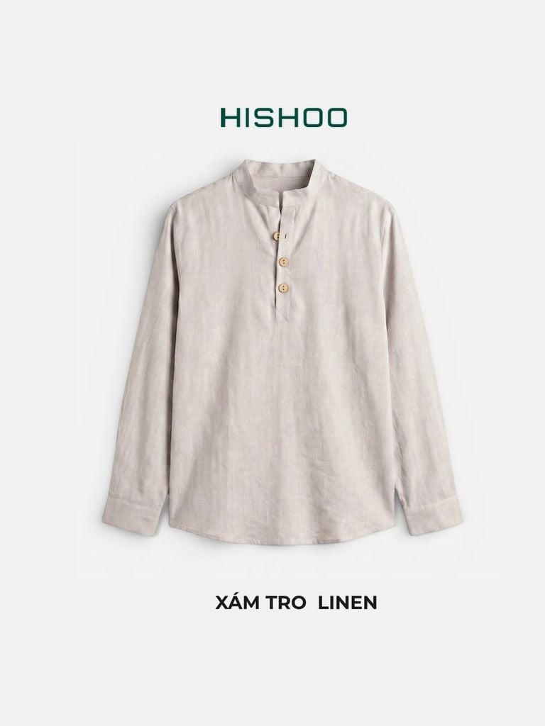 Áo Sơ Mi Nữ Nút Gỗ Tay Dài Relax Form Rộng, Cổ Polo Tàu Vuông, Xẻ V Linen Solene Vải Mềm Mát HISHOO A3G002