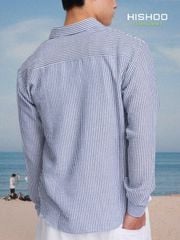 Áo Sơ Mi Trắng Sọc Nâu Nút Gỗ Tay Dài Nam Relax Form Rộng, Cổ Thường, Lai Ngang Linen Solene Vải Mềm Mát HISHOO A2T003