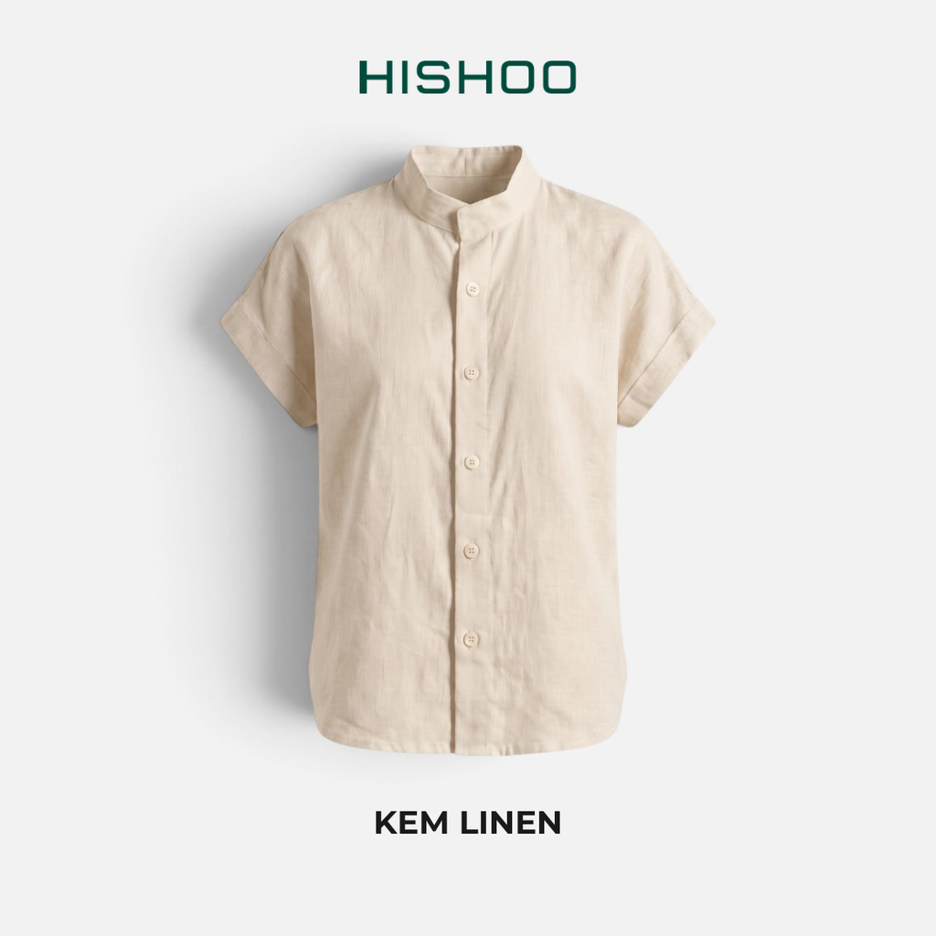 Áo Sơ Mi Nữ Tay Ngắn Relax Form Rộng, Cổ Tàu Vuông, Linen Solene Vải Mềm Mát HISHOO A4G002