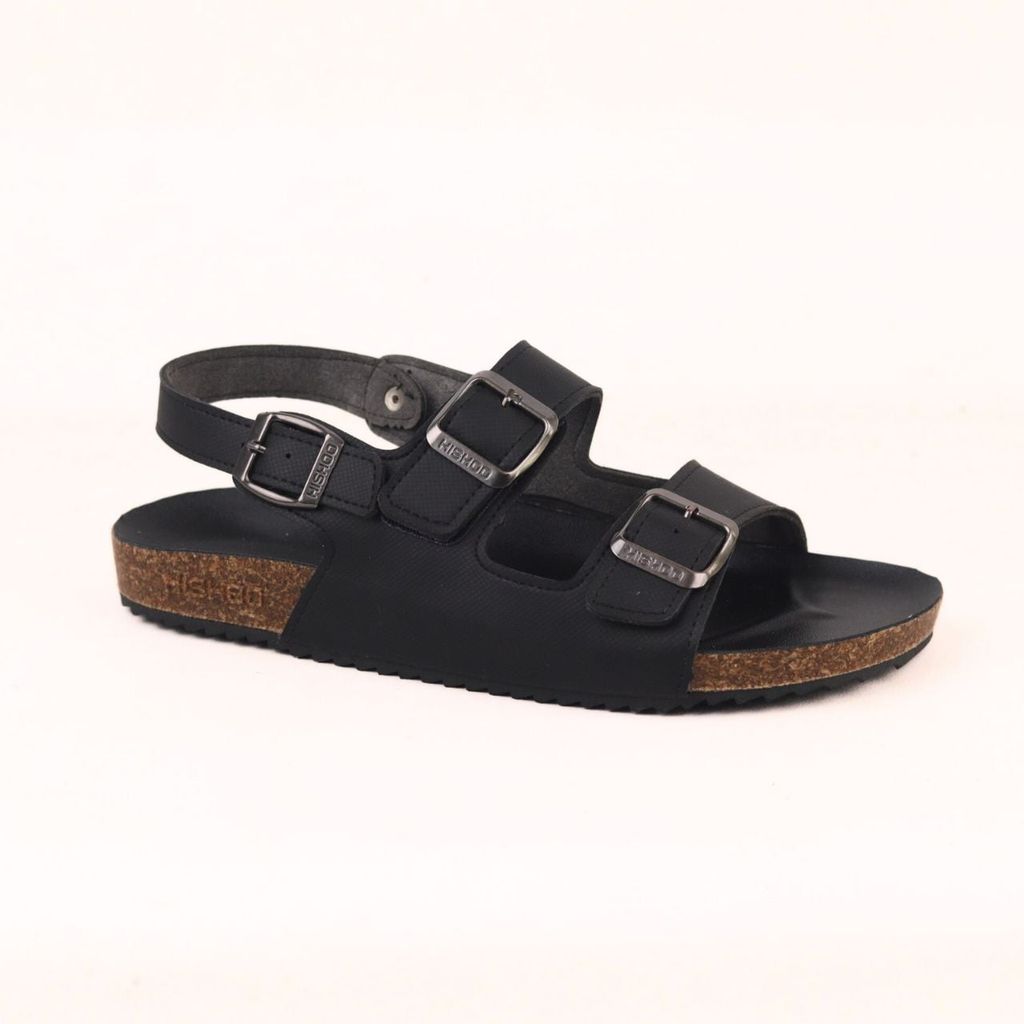 Dép đế trấu Sandal birken quai ngang 2 khoá MẶT ĐEN da SAFFIANO Hishoo M102