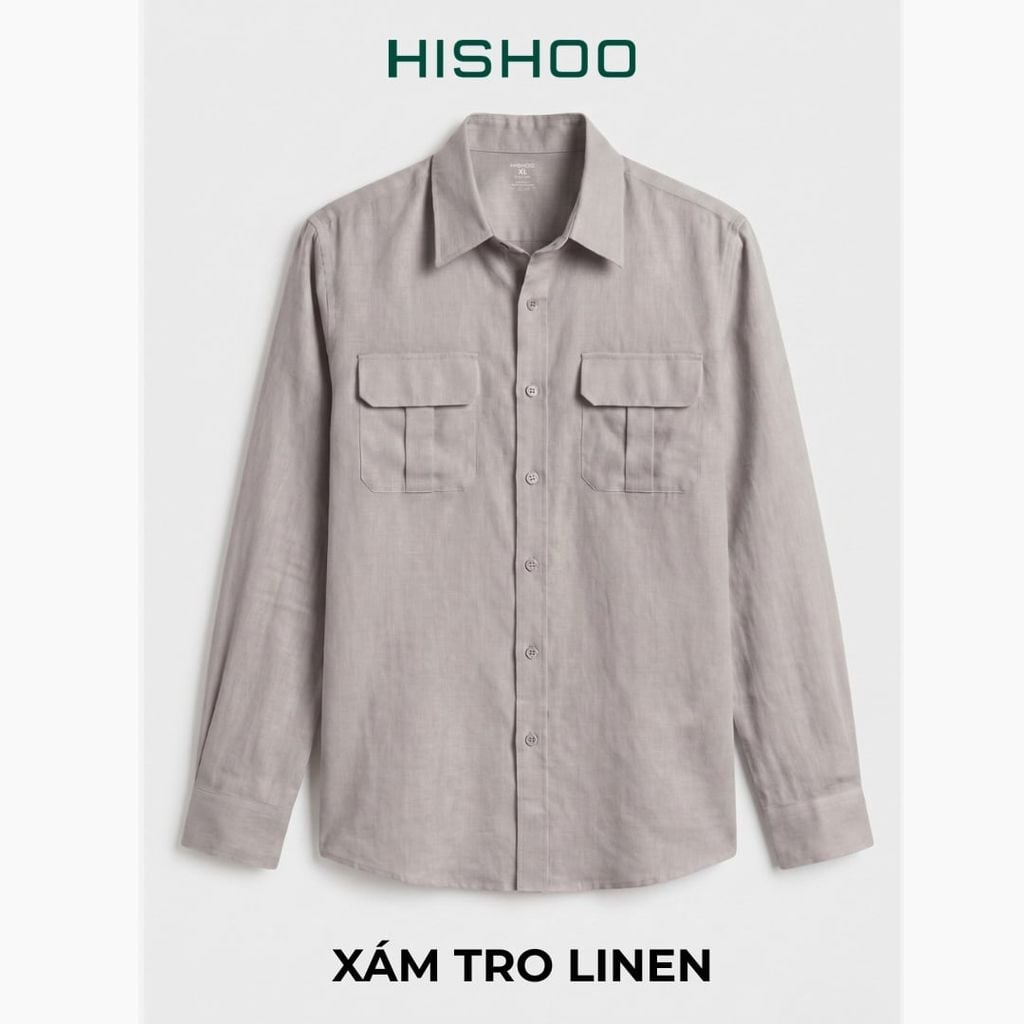Áo Sơ Mi Nam 2 Túi Tay Dài  Relax Form Rộng, Cổ Thường, Lai Ngang Linen Solene Vải Mềm Mát HISHOO A2T005